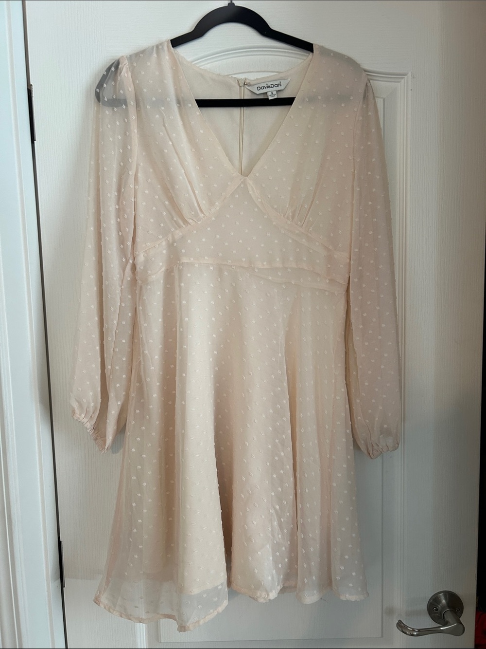 Davi & Dani Pale Cream Sheer Dot V‑Neck Mini Dress